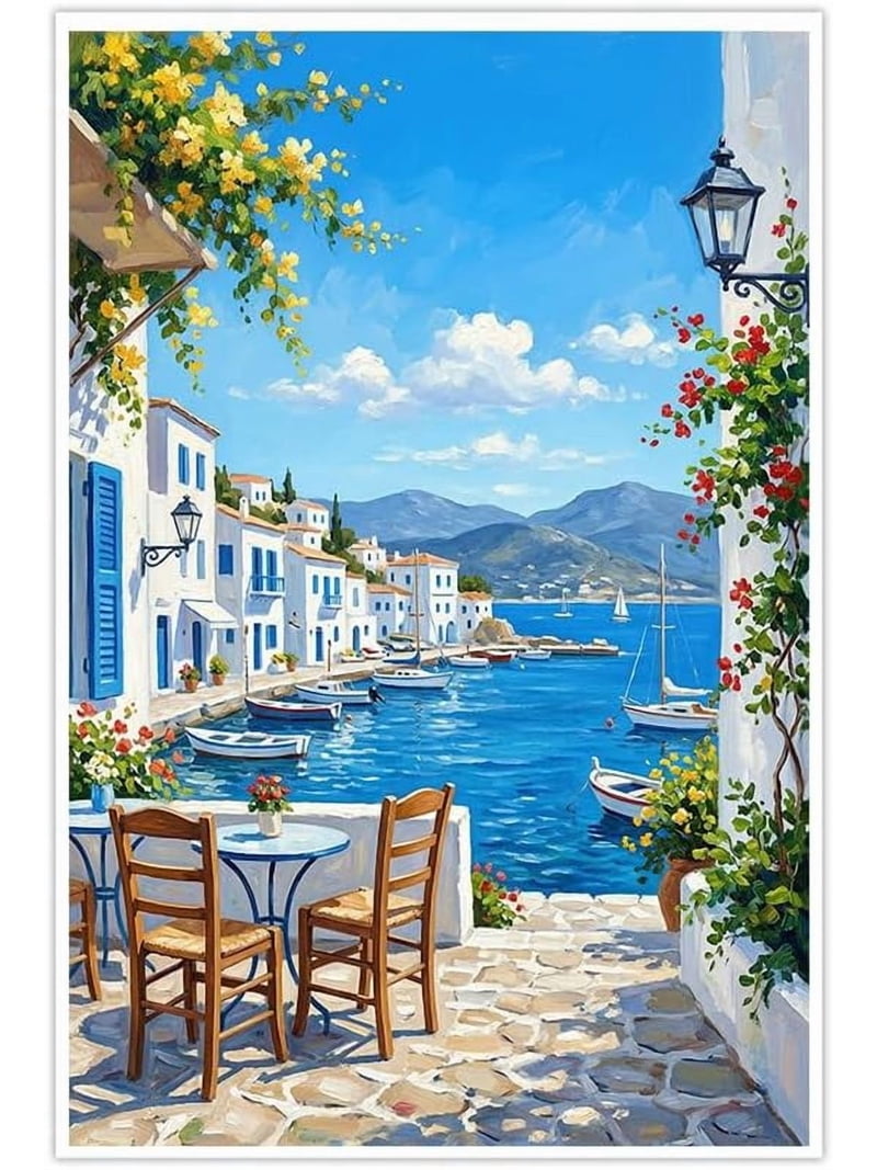 Mediterranean Coastal Town Canvas Wall Art Greek Island Seaside