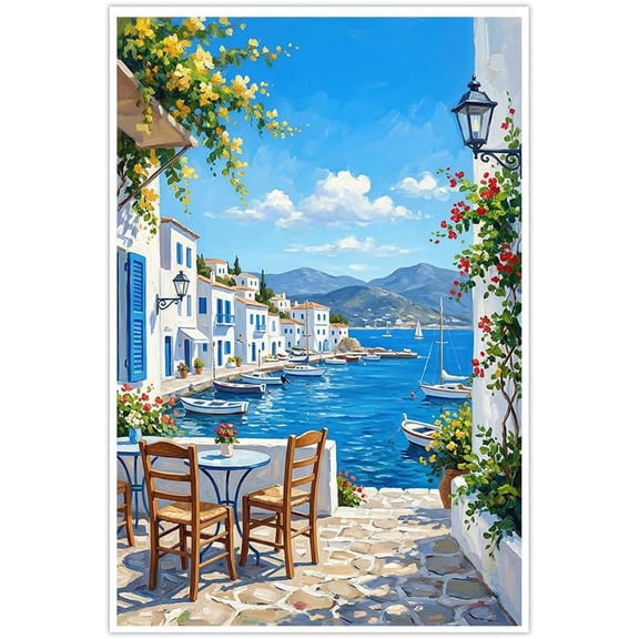 Mediterranean Coastal Town Canvas Wall Art Greek Island Seaside Oil Painting Seascape Village with Boats and Flowers Poster for Living Room Bedroom Home Wall Decor