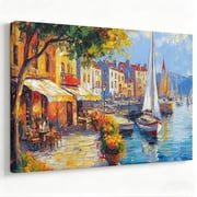 Mediterranean Coastal Town Canvas Wall Art Impasto Sailboat Oil Painting Prints Living Room Bedroom Kitchen Dining Room Wall Decor Stretched Frame Ready to Hang 12*16