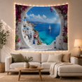 thumbnail image 1 of Mediterranean Coastal View Through Stone Arch, Serene Coastal Style for Ocean Lovers, Coastal Landscape Art, Housewarming Gift Tapestry Wall Hanging for Bedroom and Living Room, 1 of 5