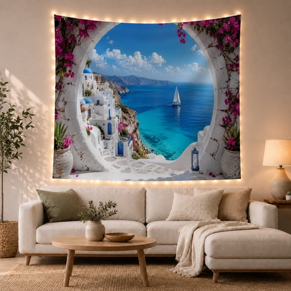 Mediterranean Coastal View Through Stone Arch, Serene Coastal Style for Ocean Lovers, Coastal Landscape Art, Housewarming Gift Tapestry Wall Hanging for Bedroom and Living Room