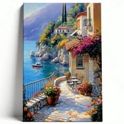 Mediterranean Coastal Village Canvas Wall Art, Italian Riviera Seaside Oil Painting Print, Framed European Terrace Landscape Decor for Living Room & Sunroom 12*18inch30*45cm