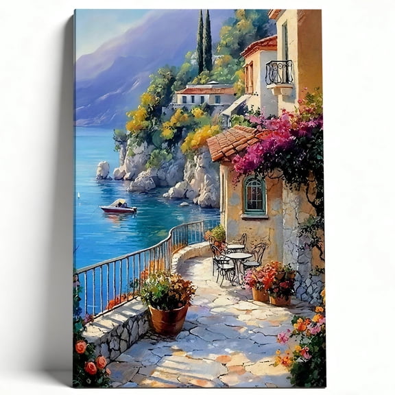 Mediterranean Coastal Village Canvas Wall Art, Italian Riviera Seaside Oil Painting Print, Framed European Terrace Landscape Decor for Living Room & Sunroom 8*12inch(20*30cm)