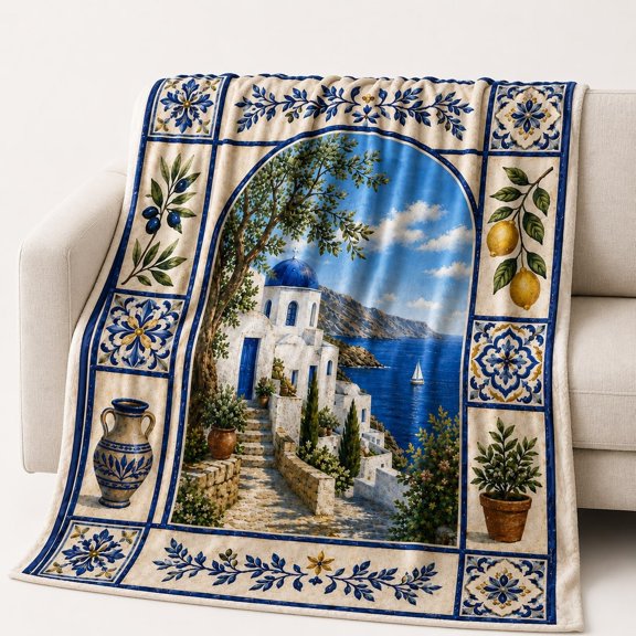 Mediterranean Coastal Village Fleece Throw Blanket | Blue Dome Olive Lemon Tile Print | 4 Sizes