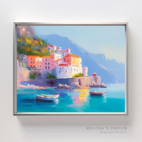 Mediterranean Coastal Village Print Colorful Amalfi Coast Art Unframed Paper Print