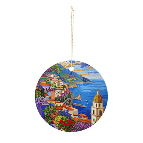 Mediterranean Coastal Village Scene Christmas ornament, Christmas decoration, holiday present idea, heirloom keepsake, round ceramic, gift Exchange, bauble present, gift idea