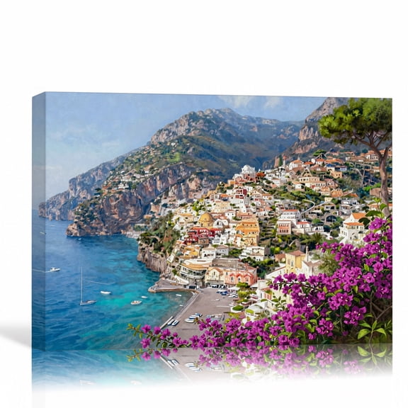 Mediterranean Coastal Village Wall Art Scenic Coast Canvas Print Gallery Wrapped Canvas Living Room Decor 30"L x 20"W