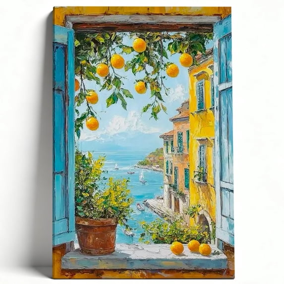 Mediterranean Coastal Window View Framed Canvas Wall Art - Impressionist Lemon Tree Seascape Decor - Modern Home Decor for Living Room, Kitchen, and Bedroom 24*36inch(60*90cm)