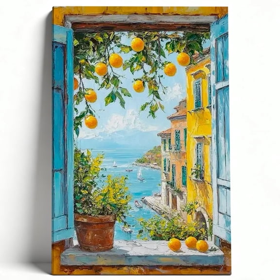 Mediterranean Coastal Window View Framed Canvas Wall Art - Impressionist Lemon Tree Seascape Decor - Modern Home Decor for Living Room, Kitchen, and Bedroom 8*12inch(20*30cm)