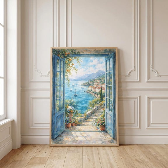Mediterranean Coastal Window View Print, Unframed Paper Poster 24x36in