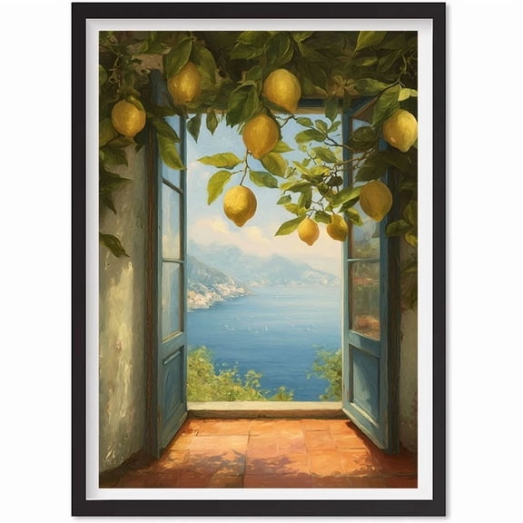 Mediterranean Coastal Window View Printable Art – Lemon Tree By The Sea – Italia, Matte Canvas Stretched, Posters for Room Bedroom Living Room Bathroom Wall Decor, Posters & Art Prints, Gift.