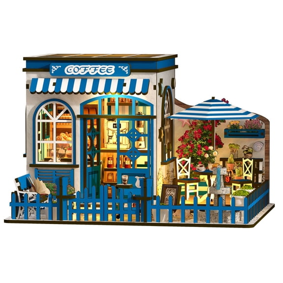 Mediterranean Coffee Shop DIY Mini Dollhouse Kit, LED Light Wooden Miniature Cafe Model for Adults 14+