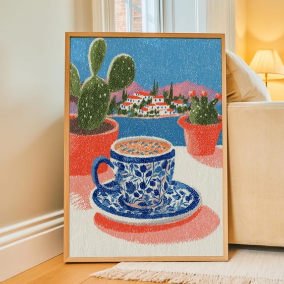 Mediterranean Coffee Wall Art Print, Blue Ceramic Espresso Cup And ...