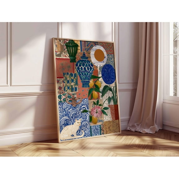 Mediterranean Collage Art Print Lemons Lanterns Boho Home Decor