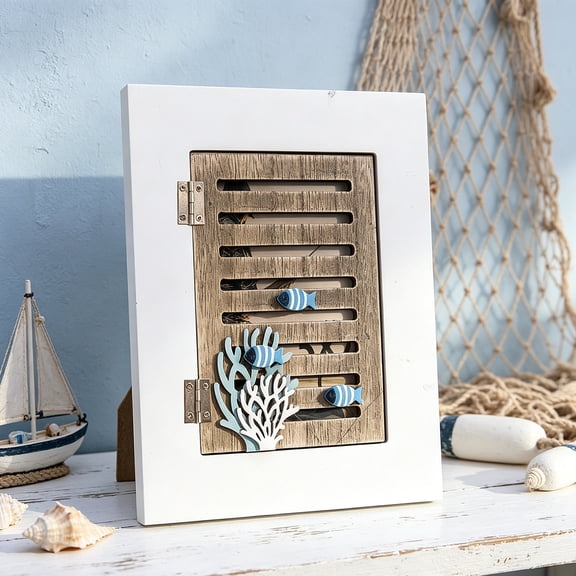 Mediterranean Coral Picture Frame, Fish Design 6 Inch Wooden Photo Frame White, Beach Style Photo Display Stand for Desktop, Shelf, Office, Home Decor