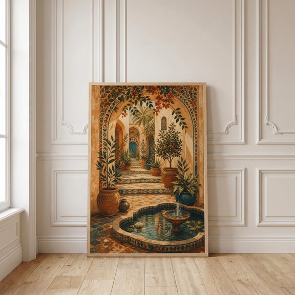 Mediterranean Courtyard Archway Print, Moroccan Riad Garden Wall Art, Unframed Paper Poster 8x10in