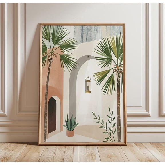 Mediterranean Courtyard Palm Tree Wall Art Minimal Arch Decor Unframed Paper Print