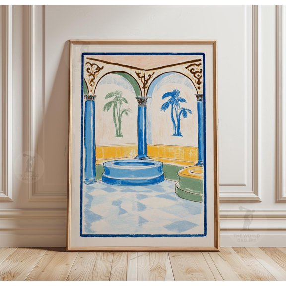 Mediterranean Courtyard Scene Blue Columns Arches Palm Tree Poster, Unframed Poster