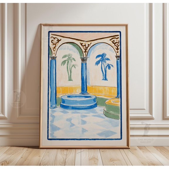 Mediterranean Courtyard Scene Blue Columns Arches Palm Tree Poster