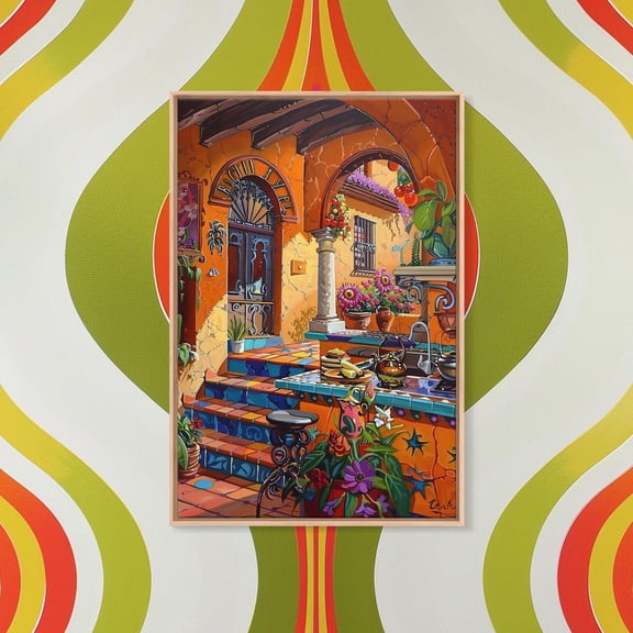 Mediterranean Courtyard Spanish Tile Wall Art Poster, Unframed Size 8x12