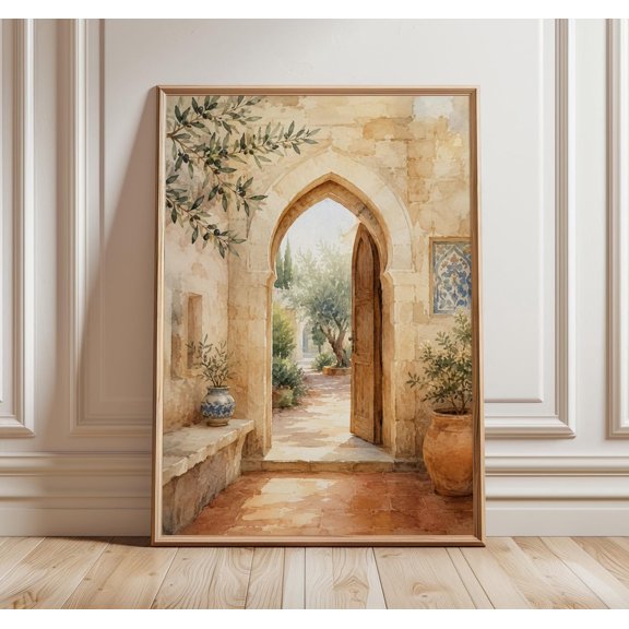 Mediterranean Courtyard Wall Art Arch Door Print Olive Tree Decor Rustic Tuscan Kitchen Artwork, Unframed Paper Print
