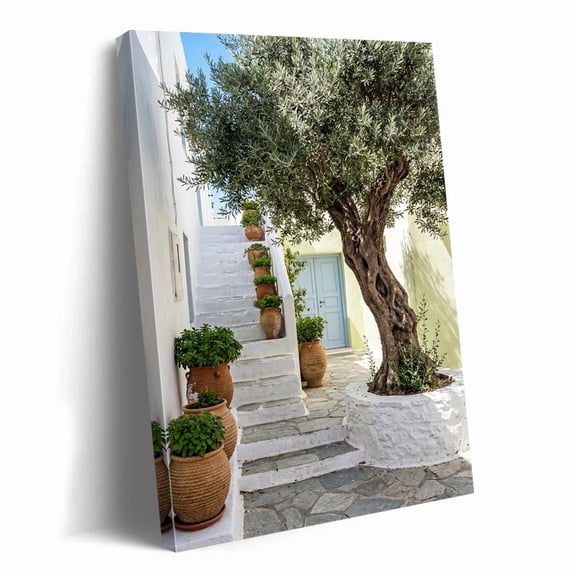Mediterranean Courtyard Wall Art Olive Tree Art Greek Island Architecture Print Terracotta Pots Rustic Coastal Decor Living Room, Unframed Paper Print