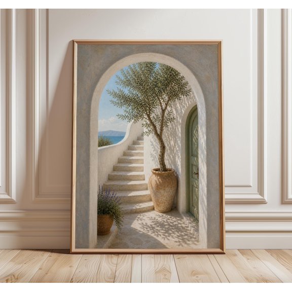 Mediterranean Courtyard Wall Art Print, Greek Island Archway Painting, Olive Tree Coastal Decor, Santorini Style Poster , Poster Print Only