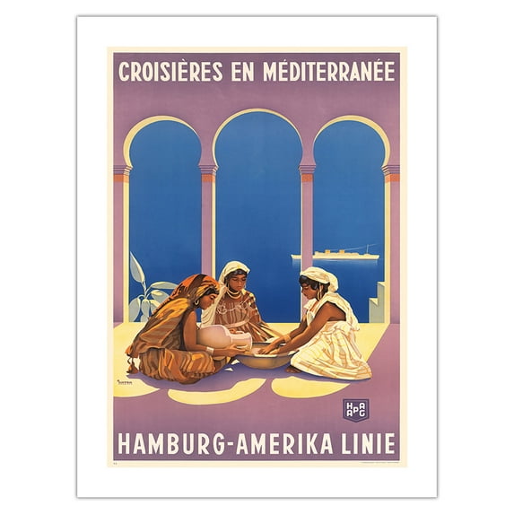 Mediterranean Cruises - Hamburg-America Line HAPAG - Vintage Ocean Liner Travel Poster by Ottomar Anton c.1930s - Bamboo Fine Art 290gsm Paper Print (Unframed) 18x24in