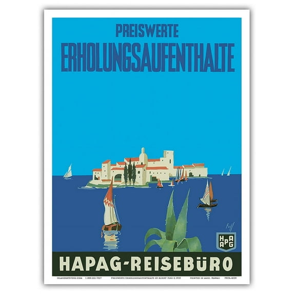 Mediterranean Cruises - Inexpensive Recreational Stays - Hamburg-American Line HAPAG - Vintage Ocean Liner Travel Poster by Albert Fuss c.1935 - Master Art Print (Unframed) 9in x 12in