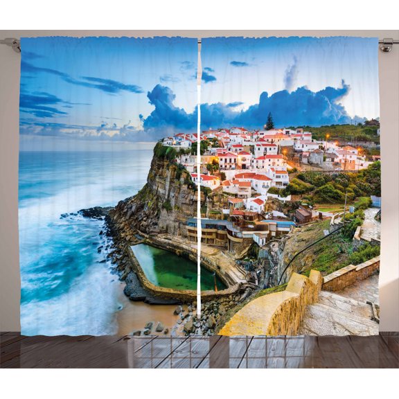Ambesonne Mediterranean Curtains 2 Panel Set, Portuguese Town, 108" x 84", Multicolor