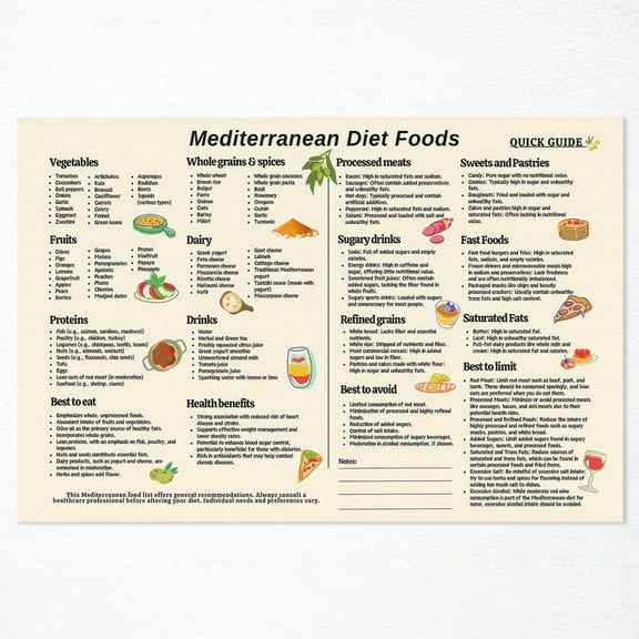 Mediterranean Diet Food List Poster, Mediterranean Meal Plan Chart Wall Art, Friendly Dash Diet Guide Print, Healthy Best To Eat Grocery List Picture for Kitchen Poster