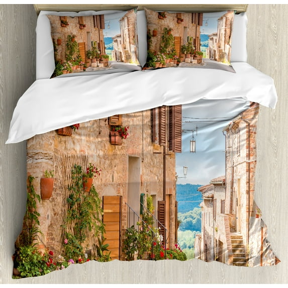 Mediterranean Duvet Cover Set, Medieval Old Town in Tuscany Mediterranean Historic Culture Village Town Stone Photo, Decorative 3 Piece Bedding Set with 2 Pillow Shams, King Size, Tan, by Ambesonne