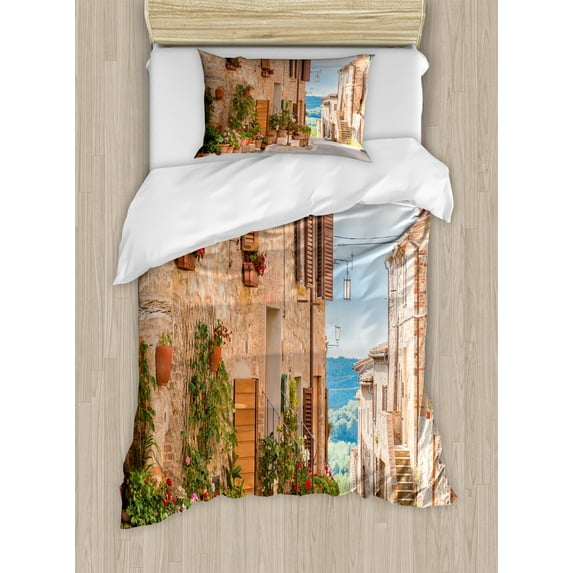Mediterranean Duvet Cover Set, Medieval Old Town in Tuscany Mediterranean Historic Culture Village Town Stone Photo, Decorative 2 Piece Bedding Set with 1 Pillow Shams, Twin Size, Tan, by Ambesonne