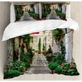 thumbnail image 1 of Mediterranean Duvet Cover Set, Narrow Street with Flowers Rural Wine Town in Southern France Provinces Photo, Decorative 3 Piece Bedding Set with 2 Pillow Shams, King Size, Grey Green, by Ambesonne, 1 of 3