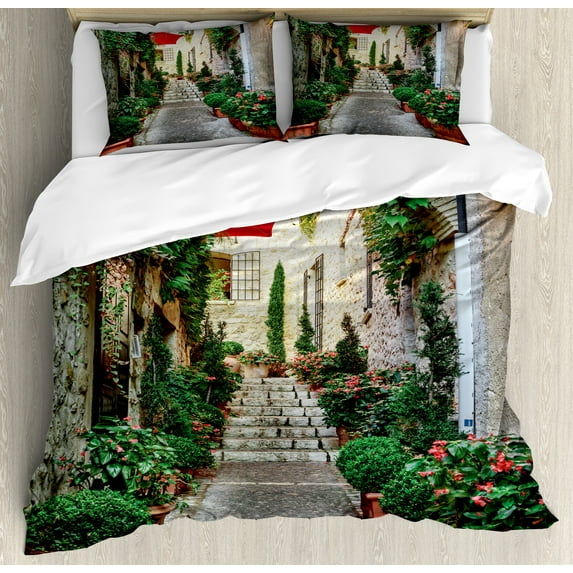 Mediterranean Duvet Cover Set, Narrow Street with Flowers Rural Wine Town in Southern France Provinces Photo, Decorative 3 Piece Bedding Set with 2 Pillow Shams, King Size, Grey Green, by Ambesonne