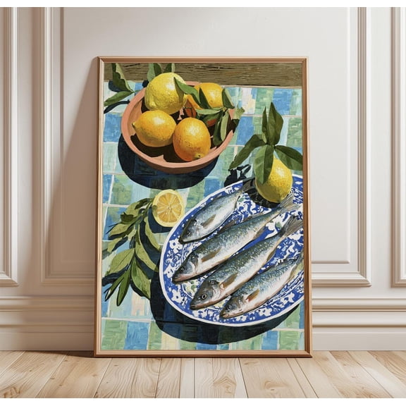 Mediterranean Fish Lemons Kitchen Coastal Still Life Blue Tile Decor Unframed Paper Print