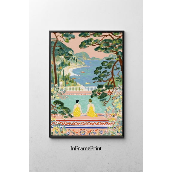 Mediterranean Folk Coastal Terrace Scene Seaside Landscape Wall Art Home Room Interior Decorative