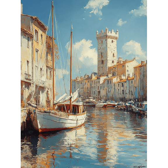 Mediterranean Harbor Sailboat Canvas Print/PaintingSuitable for Living RoomDining RoomOfficeHotel Decoration