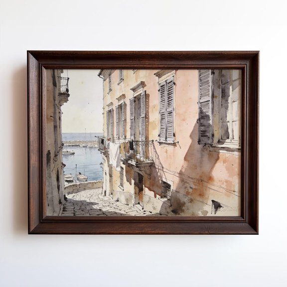 Mediterranean Harbor Street Art Coastal Village Wall Art Seaside Home Decor, Unframed Paper Print