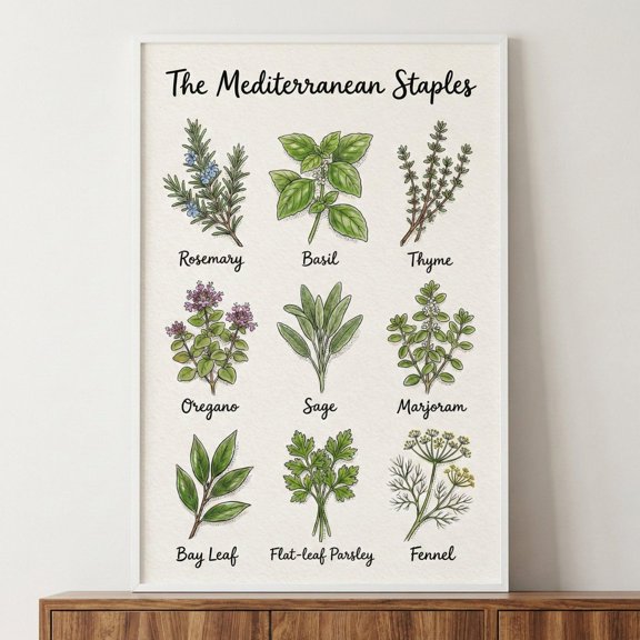 Mediterranean Herbs Botanical Illustration Wall Art Kitchen Herb Print Culinary Herb Poste