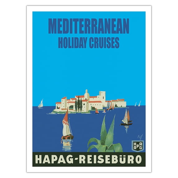 Mediterranean Holiday Cruises - Hamburg-American Line HAPAG - Vintage Ocean Liner Travel Poster by Albert Fuss c.1935 - Bamboo Fine Art 290gsm Paper (Unframed) 12x16in