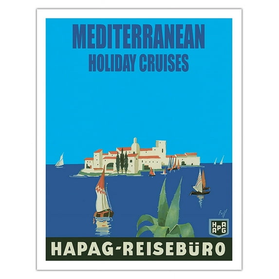 Mediterranean Holiday Cruises - Hamburg-American Line HAPAG - Vintage Ocean Liner Travel Poster by Albert Fuss c.1935 - Fine Art Matte Paper Print (Unframed) 11x14in