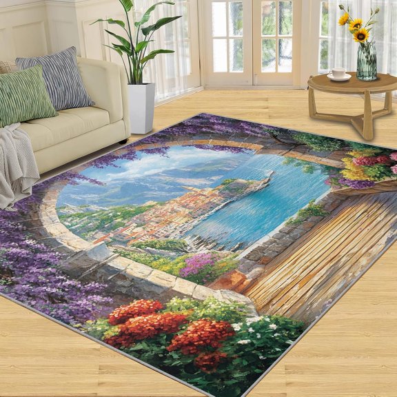 Mediterranean Italian Floral Arch Area Rugs, Beige Natural Scenery Carpet, Washable Non Slip Low Pile Soft Rug for Living Room Bedroom Dining Room Home Office Decor Mat 4x6ft