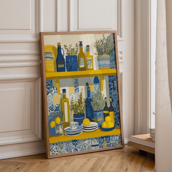 Mediterranean Kitchen Lemon Shelf Artwork Blue Tile Decor Amalfi Coast Style, Unframed Poster
