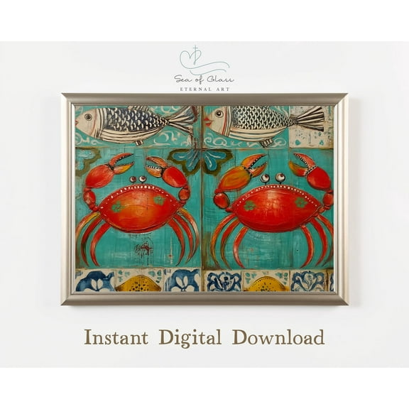 Mediterranean Kitchen Poster Crab And Sardine Folk Art Warm Present Vintage UNFRAMED Poster Size 16x24