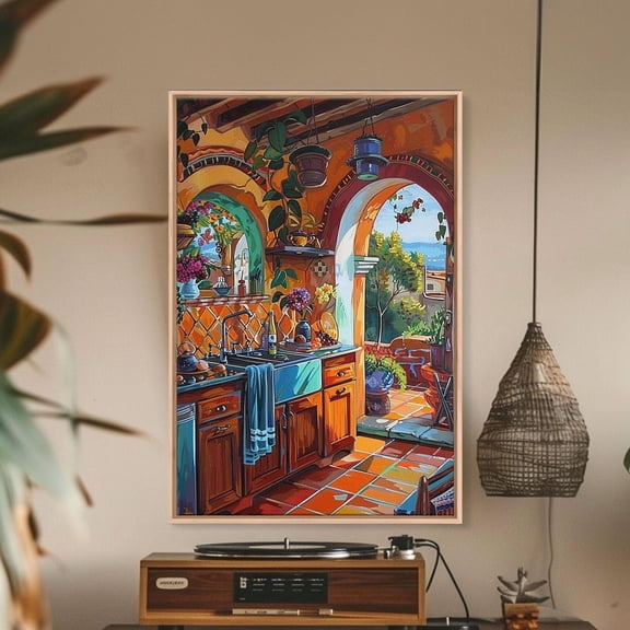 Mediterranean Kitchen Sunlit Rustic Interior Wall Art Unframed Paper Print