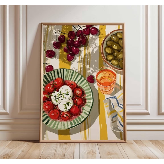Mediterranean Kitchen Wall Art Print, Food Still Life Poster, Colorful Dining Room Artwork, Fruit and Salad Illustration, Rustic Wall Decor