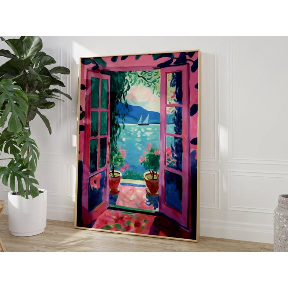 Mediterranean Lake View Open Window Print, Unframed Paper Poster 11x14in