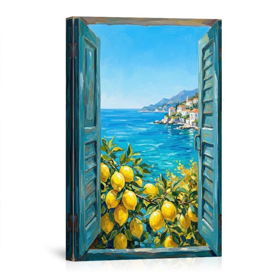 Mediterranean Lemon Grove Coastal Seascape Italian Village Window View Vibrant Tree Canvas