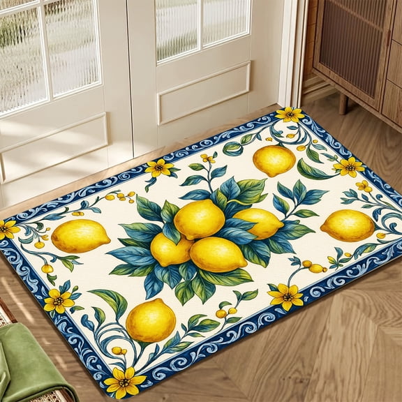 Mediterranean Lemon Print Area Rug, Made Of Soft Flannel Fabric With A Non-Slip Backing, Is Ideal For Kitchens, Entryways, And Mediterranean-Themed Homes. Features A Beautiful Vintage Design With Bri